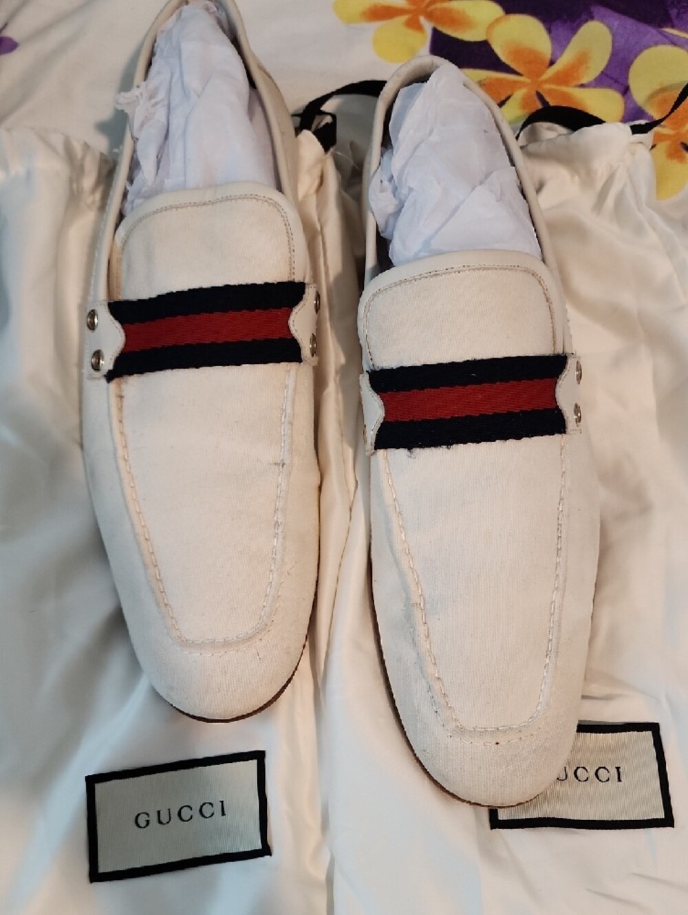 Gucci Ivory Canvas Loafers with Red & Blue Web Stripe - Picture 3 of 10